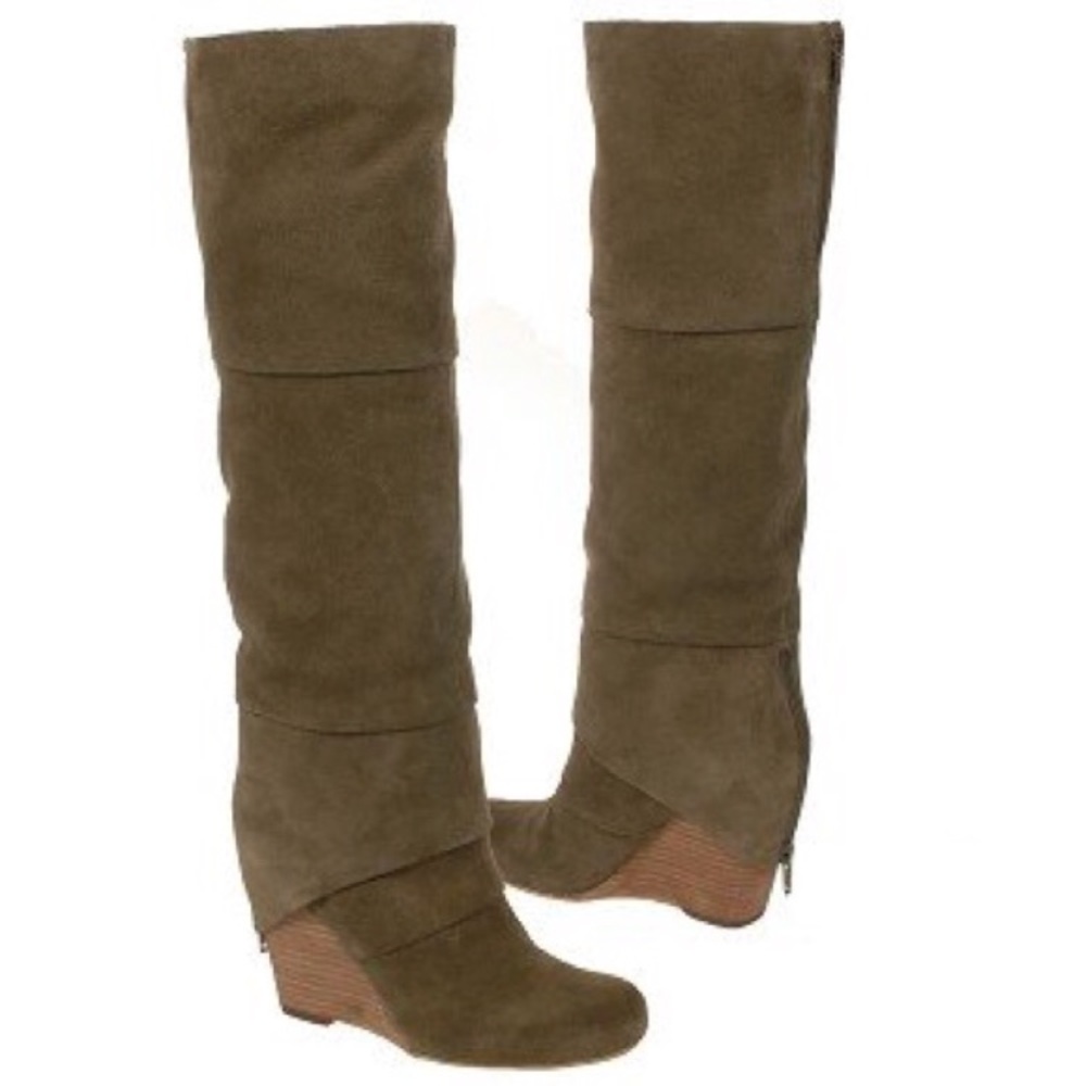 Fergie Suede Olive Wedge Boots